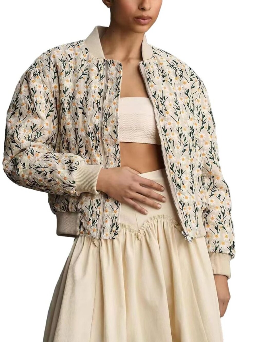 Women's Embroidered Daisy Cropped Bomber Jacket Long Sleeve Quilted Puffer